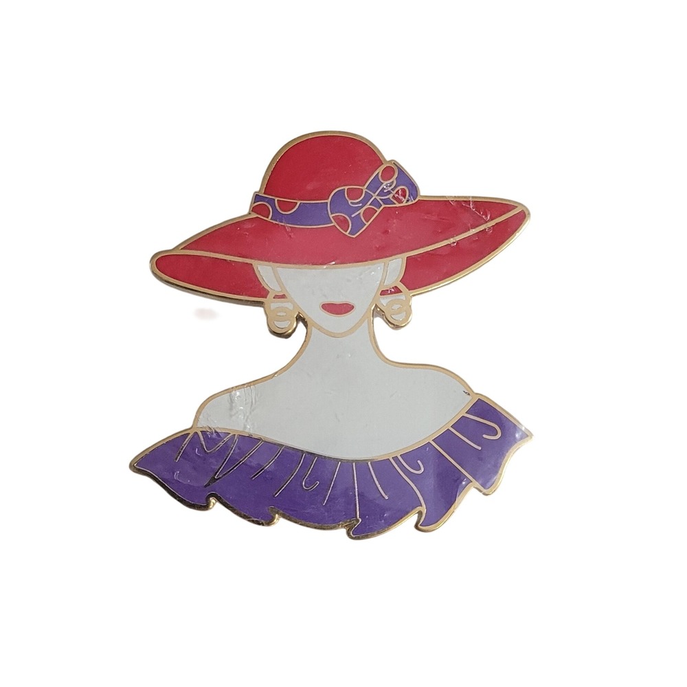 Vintage Enamel Lady Brooch Red Hat Purple Dress Gold Tone Fashion Pin Accessory